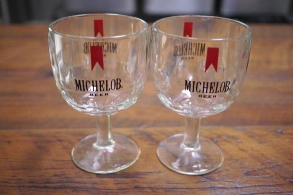 Pair Set Vintage 70s Michelob Heavy Glass Beer Man Cave Pub Goblets Glasses